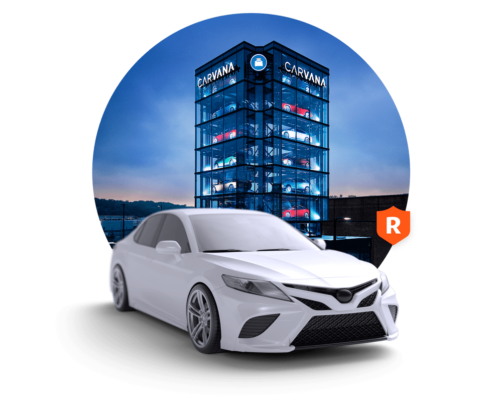 Carvana Tower with car and Root badge