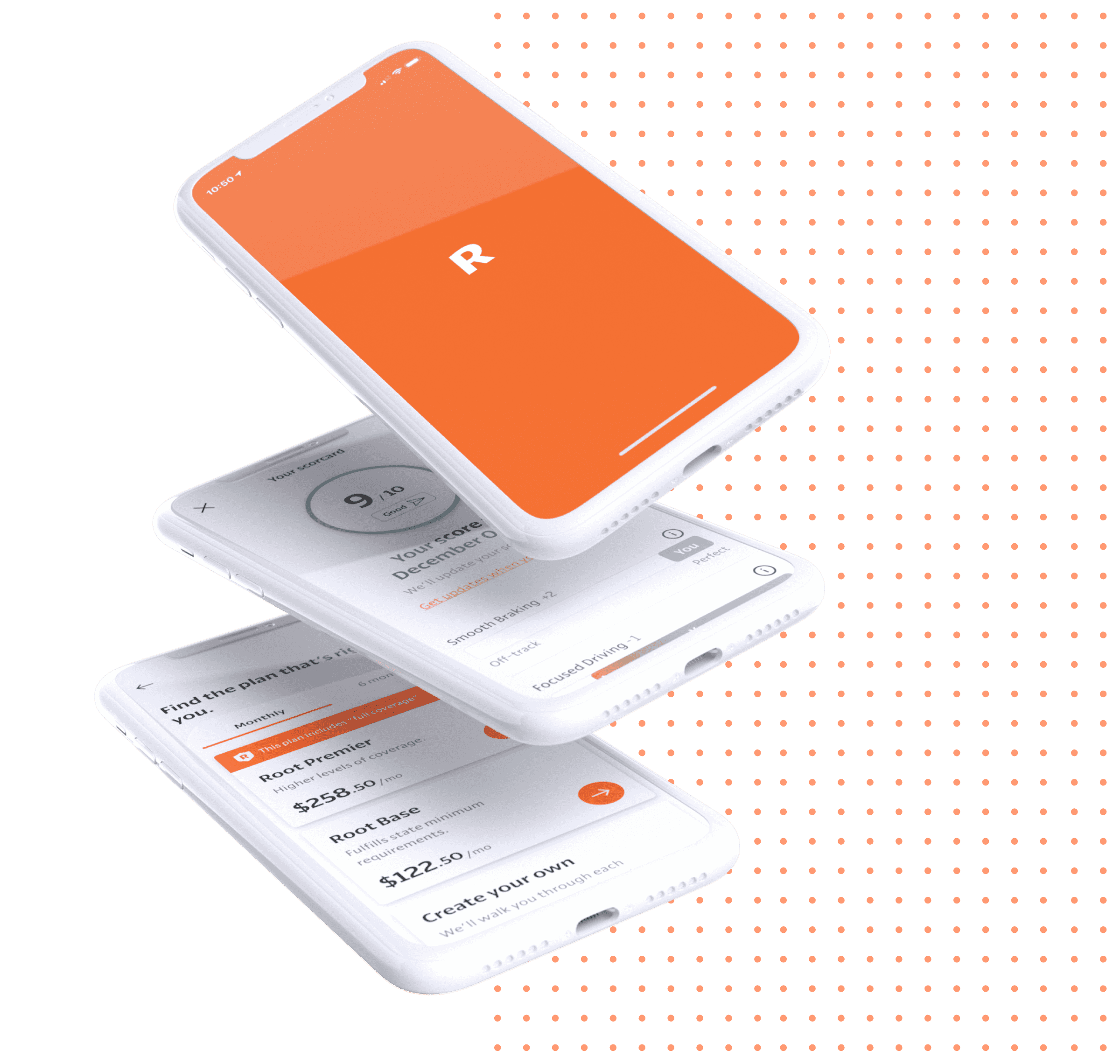 Three phones displaying the Root app